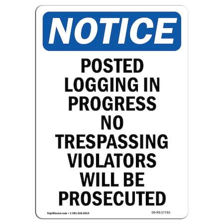 Signmission Safety Sign, OSHA Notice, 18" Height, Rigid Plastic, Posted Logging In Progress No Sign, Portrait OS-NS-P-1218-V-17716